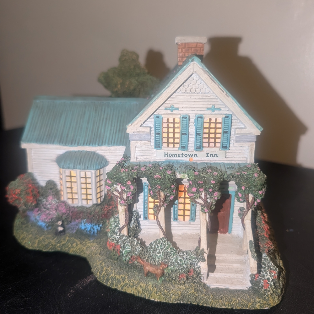 Thomas Kinkade Hometown Inn Decorative Cottage in Teal, White, Green, Pink